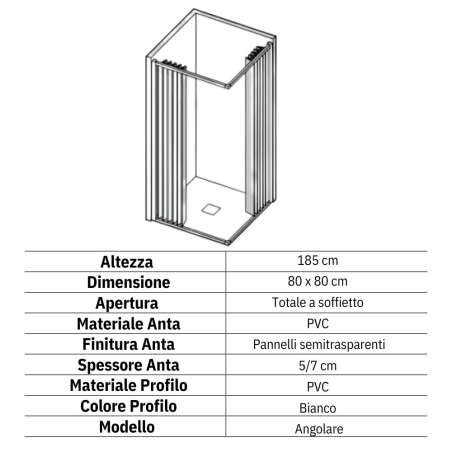 Box doccia 80x80 cm semicircolare a due lati con apertura totale Atene PVC