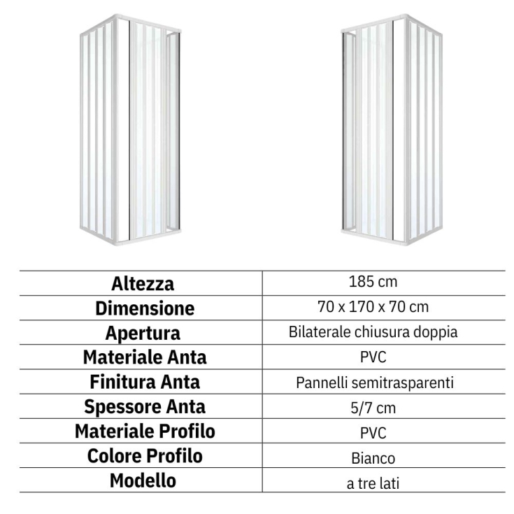 Box doccia 70x170x70 cm a tre lati con apertura bilaterale Rio PVC