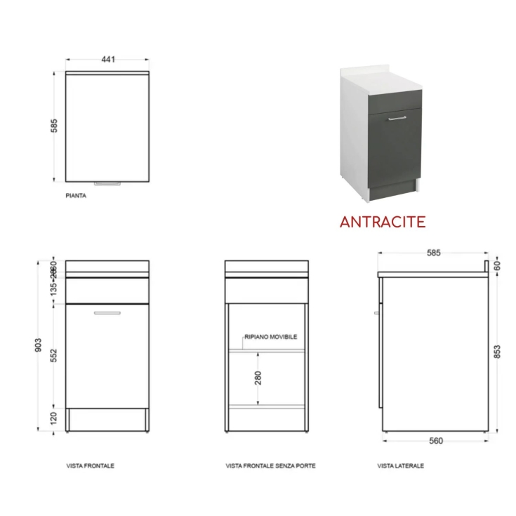 Mobile lavanderia 45x60X86h lucido antracite apertura SX e ripiano interno  Colavene