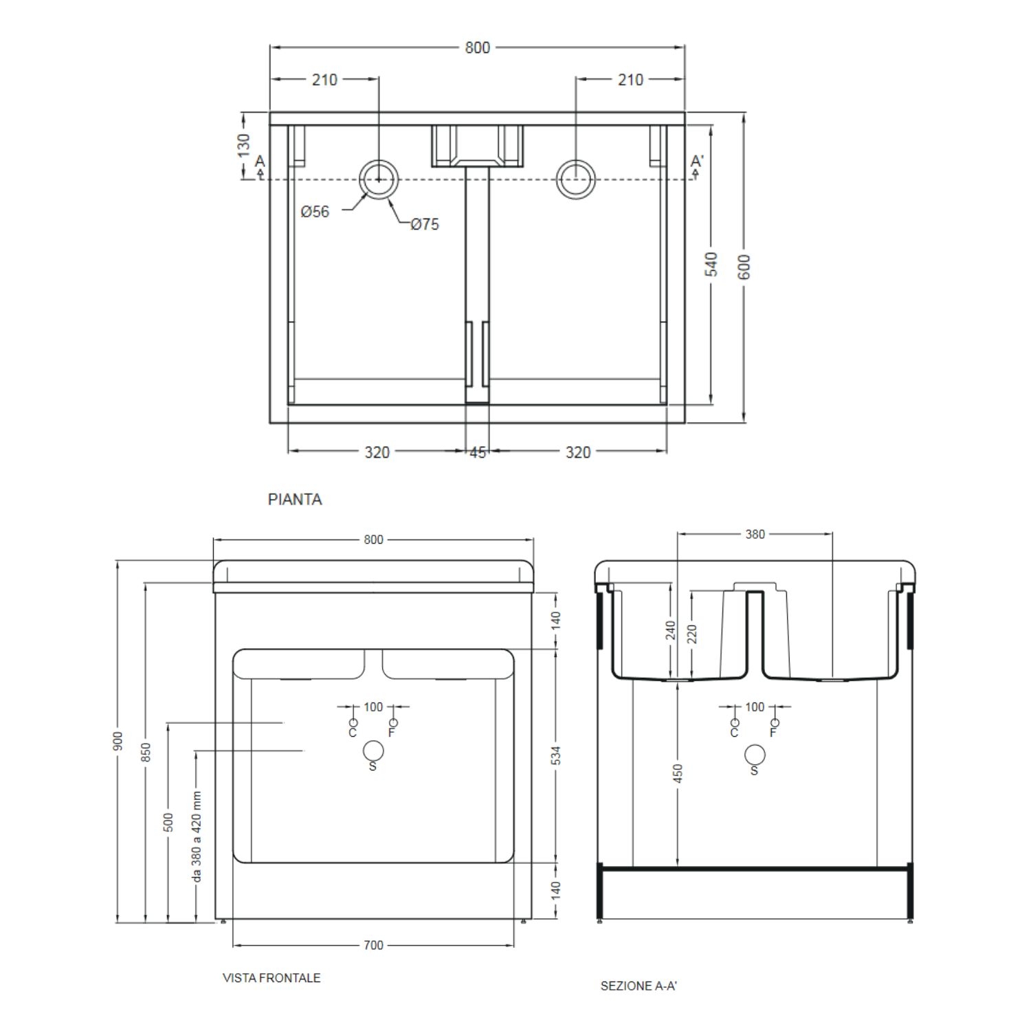 Mobile lavatoio 80x60x84h cm con vasca Lavacril Colavene bianco