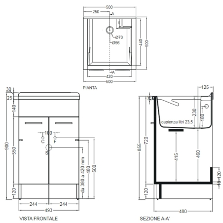 Mobile con lavatoio 50x50x86h cm doppia anta antracite Swash Colavene