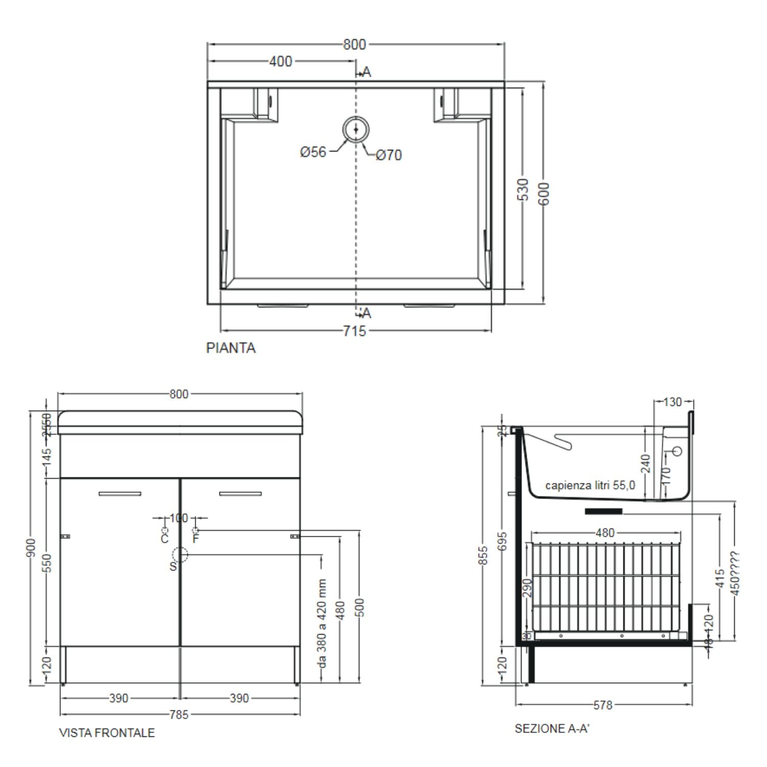 Lavatoio 80x60x86h cm con cesto portabiancheria antracite Twist